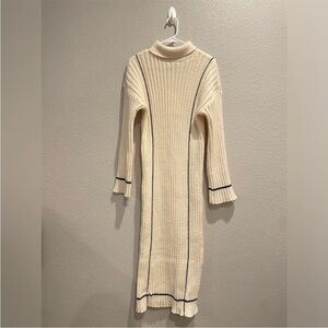 Cream Ribbed Knit Dress with Black Trim